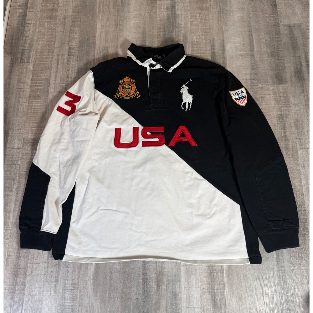 Polo Ralph Lauren USA Rugby Shirt Mens XL Black Red White Big Pony Long Sleeve